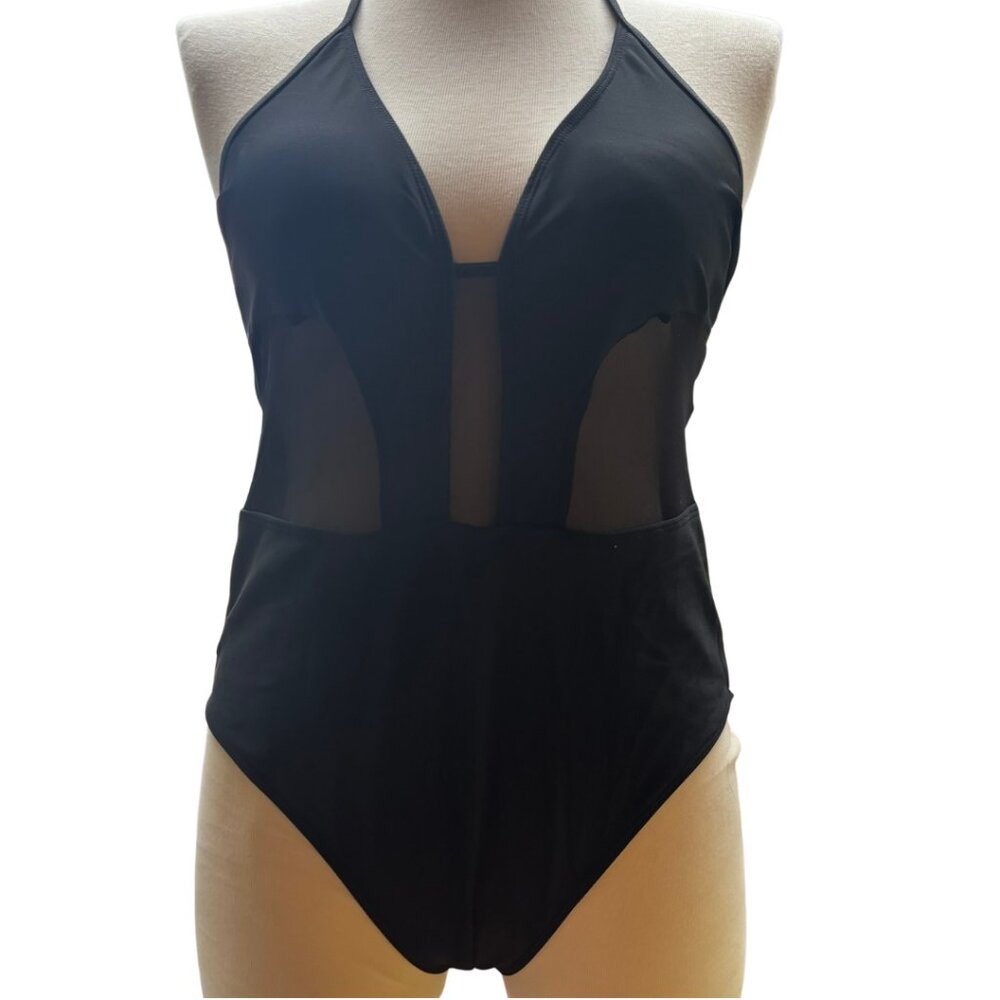 NWOT Black Mesh Panel Halter One Piece Swimsuit 1XL Sheer Plus Size Swimwear